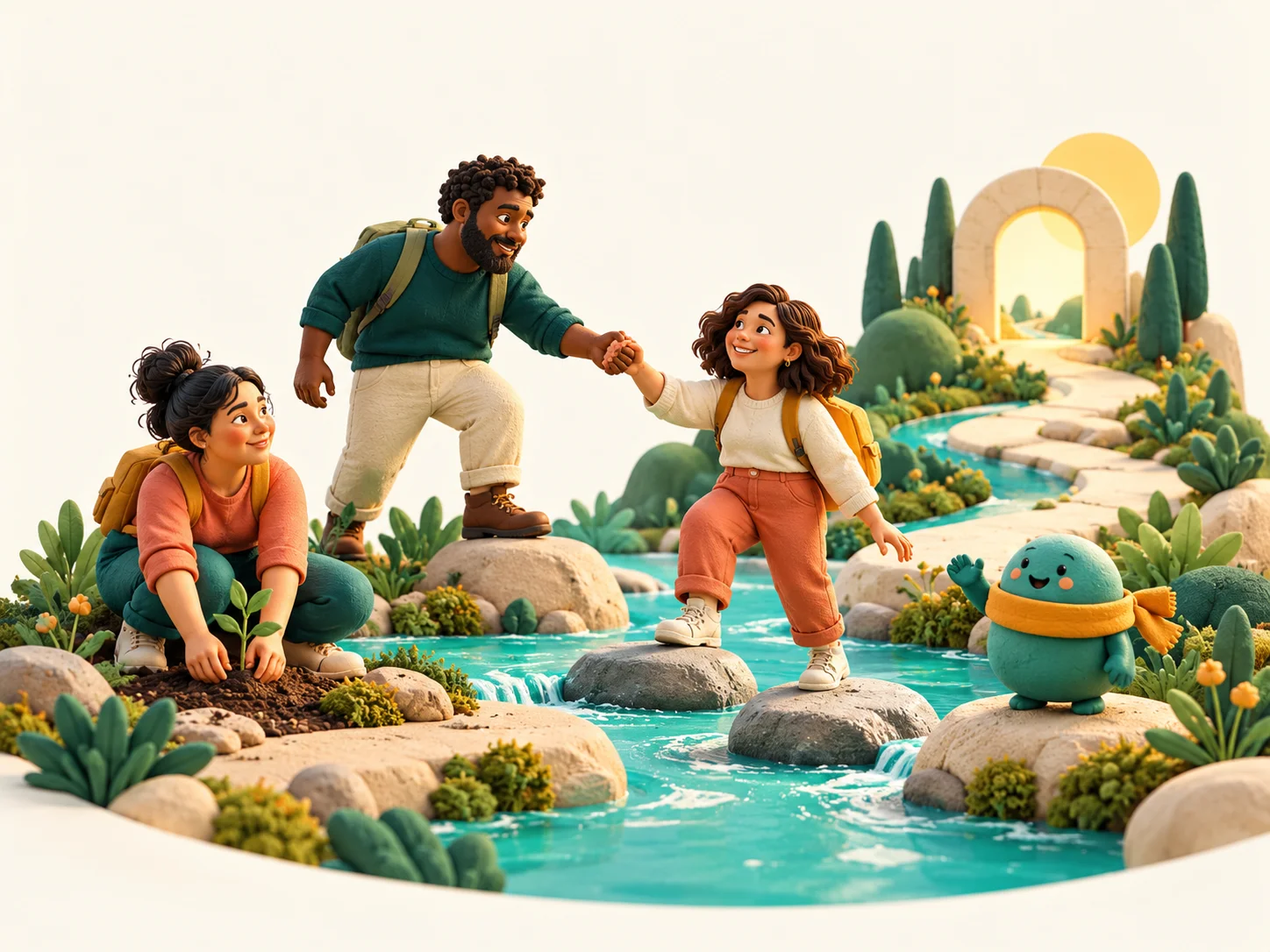 People helping one another move forward beside a river, a Cauce Interior illustration