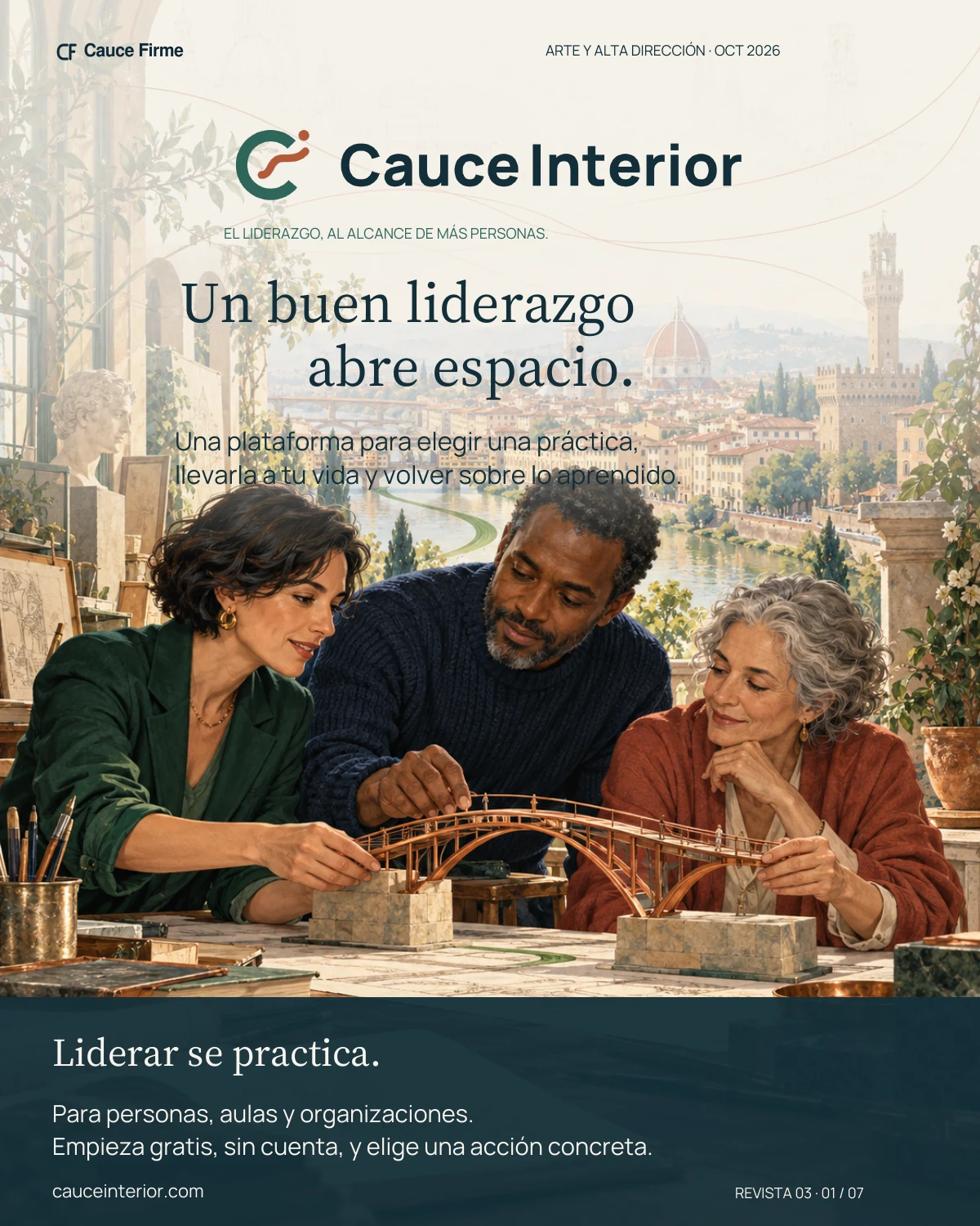 Página 1 de 7 · Portada. Un buen liderazgo abre espacio. Ilustración de tres personas que colaboran con una maqueta de puente en un taller inspirado en Florencia.